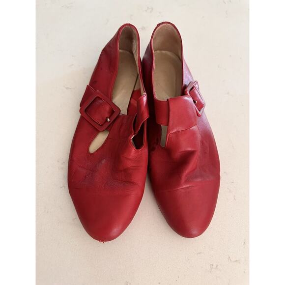 Max Mara Red Leather Flats Shoe Sz 37 Us 7.5 Soft Ballet Buckle Pointed - Picture 1 of 16